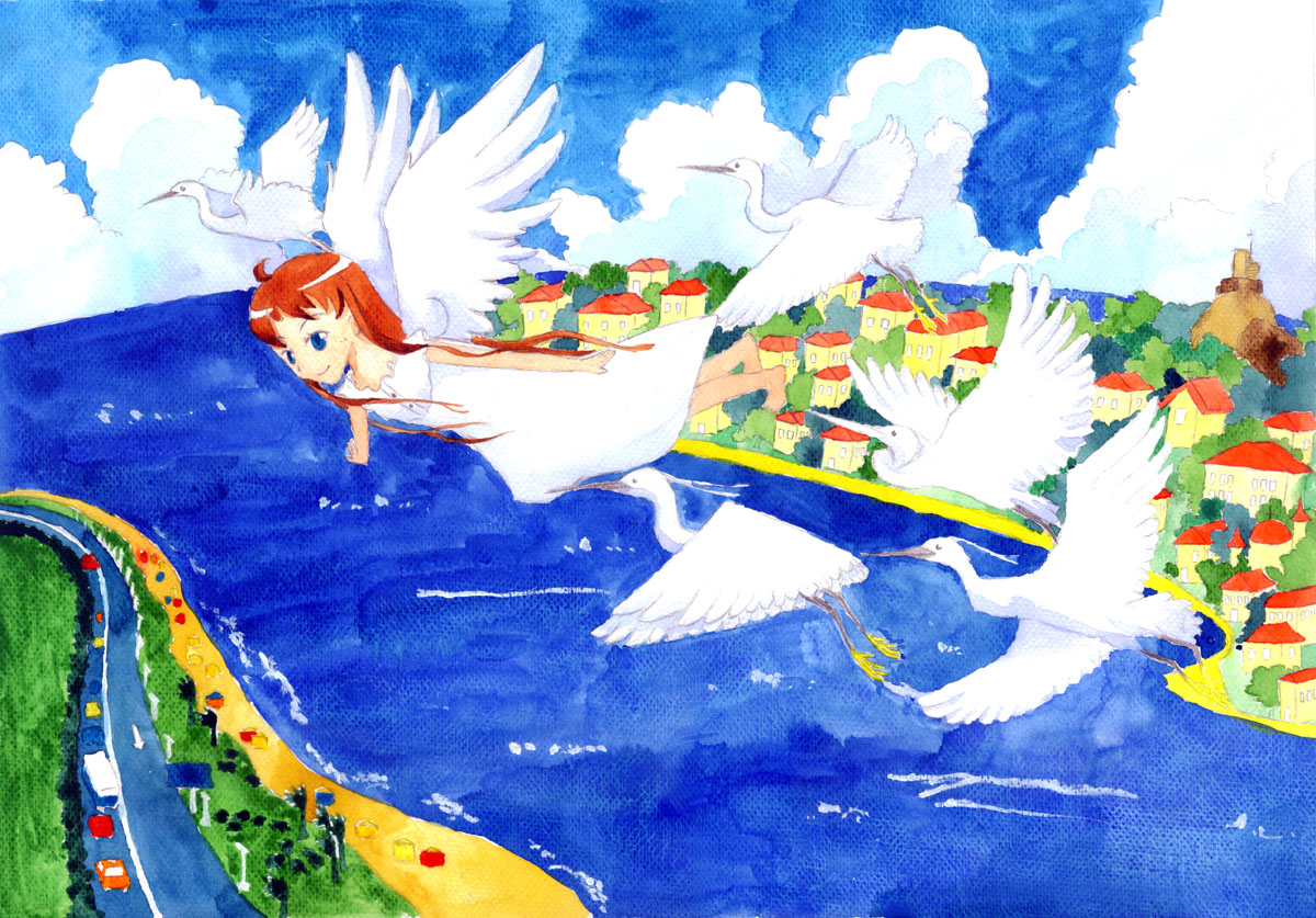 61儿童节男孩纸飞机风景蓝天白云卡通六一插画图片-千库网