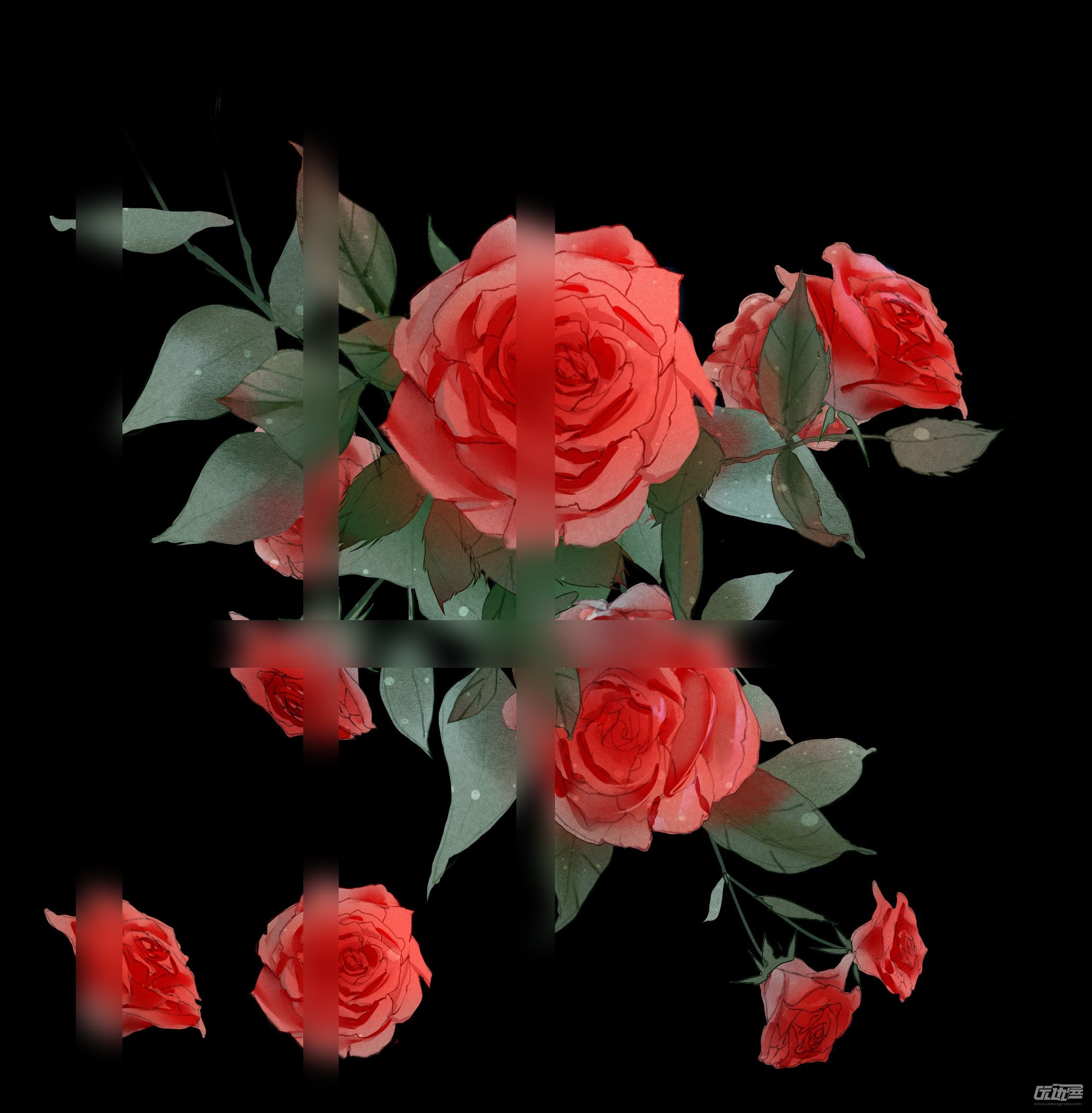 浪漫唯美红色系手绘风玫瑰花花丛叶子背景520插画图片-千库网